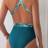 Green Tropical Print Deep-V One-Piece Swimsuit