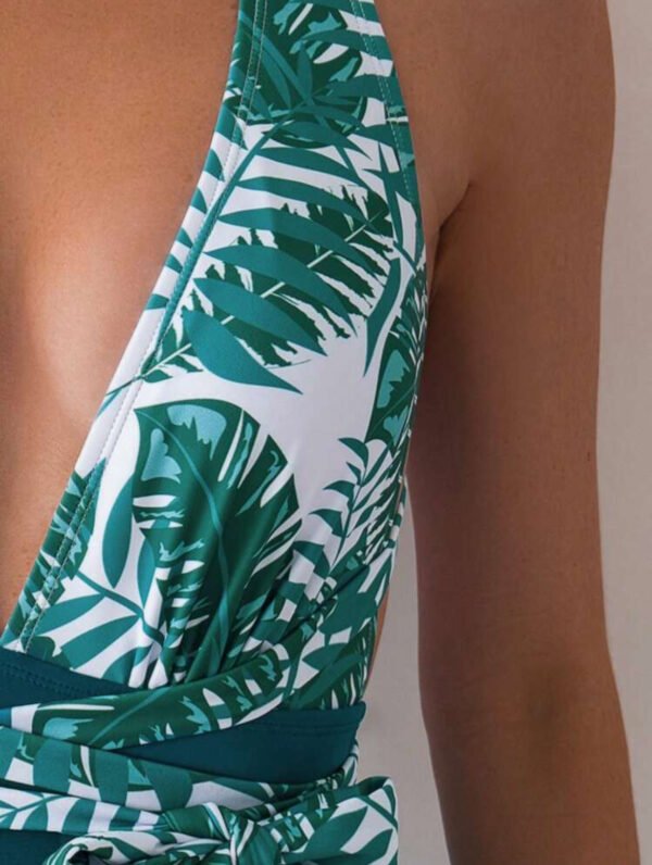 Green Tropical Print Deep-V One-Piece Swimsuit