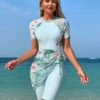 Mint Floral Zip-Front Rash Guard with Wrap Skirt Shorts Set