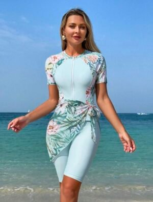 Mint Floral Zip-Front Rash Guard with Wrap Skirt Shorts Set