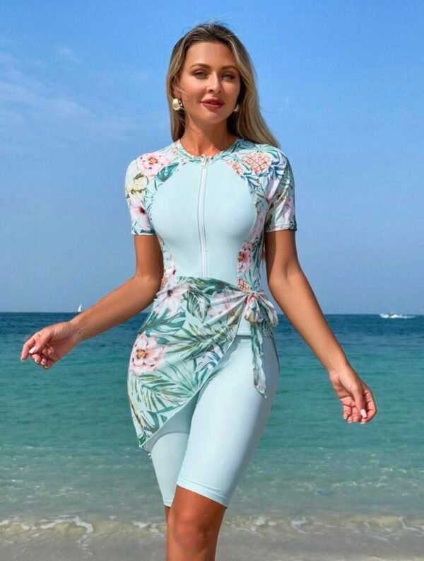 Mint Floral Zip-Front Rash Guard with Wrap Skirt Shorts Set