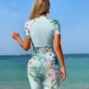 Mint Floral Zip-Front Rash Guard with Wrap Skirt Shorts Set