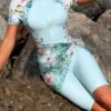 Mint Floral Zip-Front Rash Guard with Wrap Skirt Shorts Set