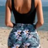 BS-SWM-118_3 Black Tank Bodycon Swimsuit with Tropical Floral Shorts