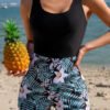 BS-SWM-118_4 Black Tank Bodycon Swimsuit with Tropical Floral Shorts