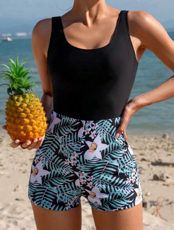 BS-SWM-118_4 Black Tank Bodycon Swimsuit with Tropical Floral Shorts