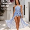 Blue Mosaic Tile Print Halter Maxi Swim Coverup Dress