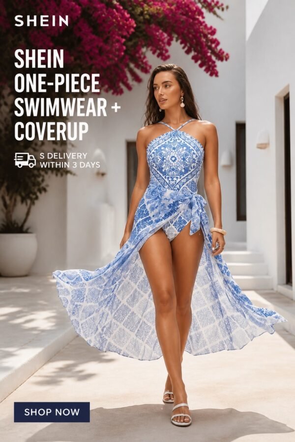 Blue Mosaic Tile Print Halter Maxi Swim Coverup Dress