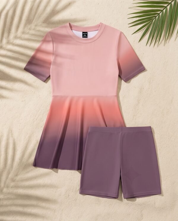 Pink to Purple Ombre Peplum Swim Set with Biker Shorts