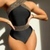 Black Gold Halter Cross-Front One-Piece Swimsuit