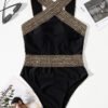 Black Gold Halter Cross-Front One-Piece Swimsuit
