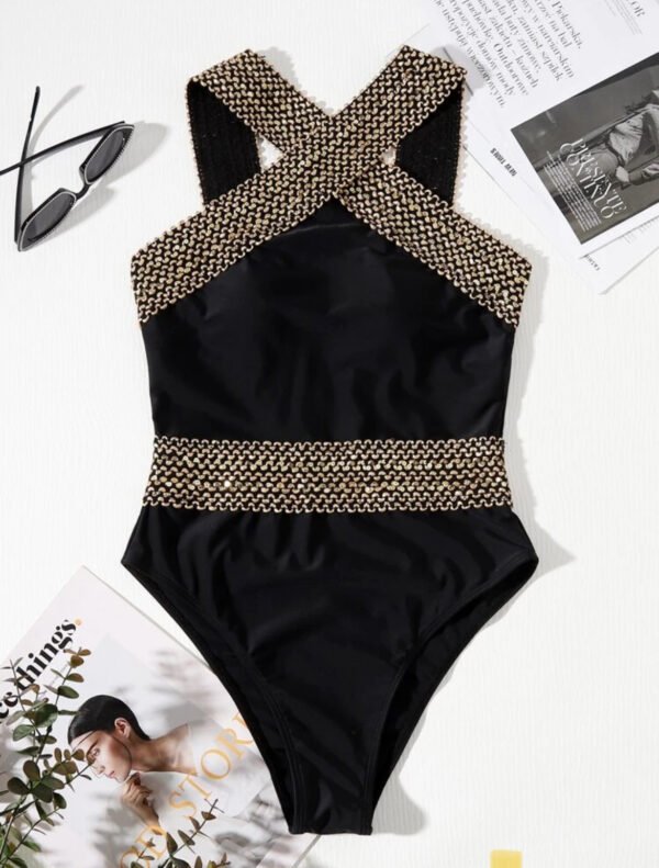 Black Gold Halter Cross-Front One-Piece Swimsuit