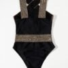Black Gold Halter Cross-Front One-Piece Swimsuit