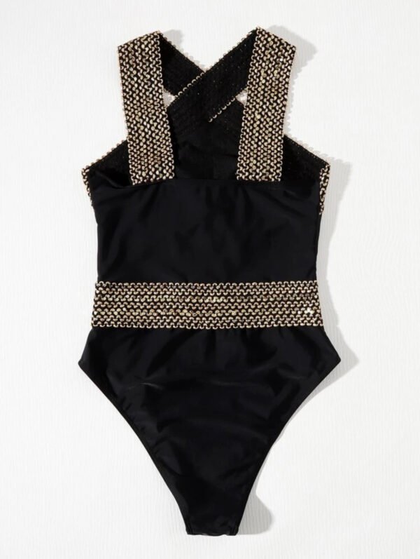 Black Gold Halter Cross-Front One-Piece Swimsuit
