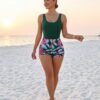 Green Tank Bodycon Swimsuit with Tropical Leaf Print Shorts