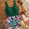 Green Tank Bodycon Swimsuit with Tropical Leaf Print Shorts