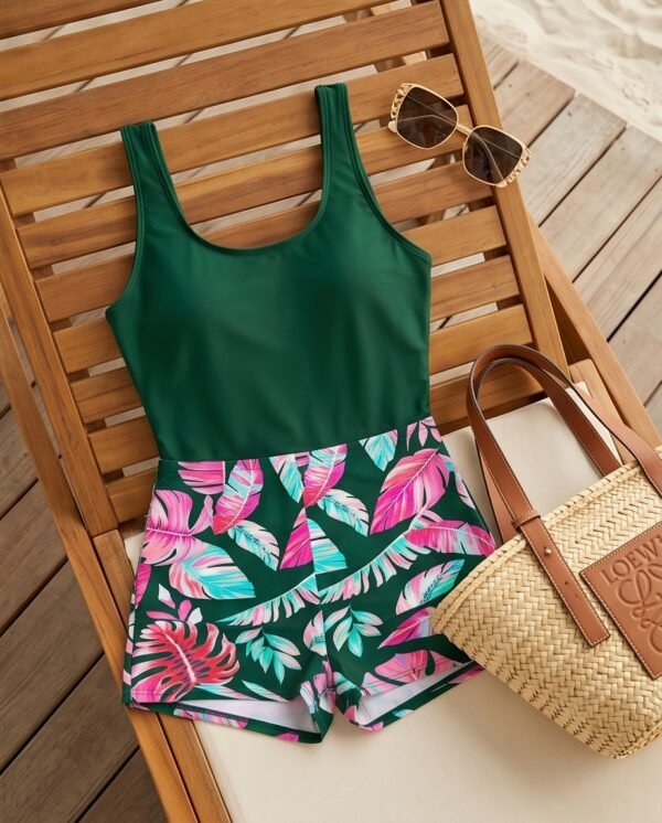 Green Tank Bodycon Swimsuit with Tropical Leaf Print Shorts