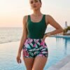 Green Tank Bodycon Swimsuit with Tropical Leaf Print Shorts