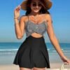Black & White Striped Halter Swim Dress with Flared Skirt