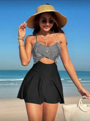 Black & White Striped Halter Swim Dress with Flared Skirt
