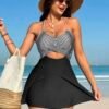 Black & White Striped Halter Swim Dress with Flared Skirt