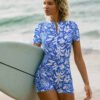 Blue Tropical Print Zip-Front Boyleg Swim Romper