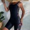 Black Floral Firework Print Boyleg Sport Swimsuit
