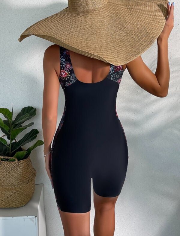 Black Floral Firework Print Boyleg Sport Swimsuit