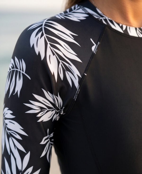 BS-SWM-131_2 Black Long-Sleeve Boyleg Swim Romper with Tropical Print Sleeves