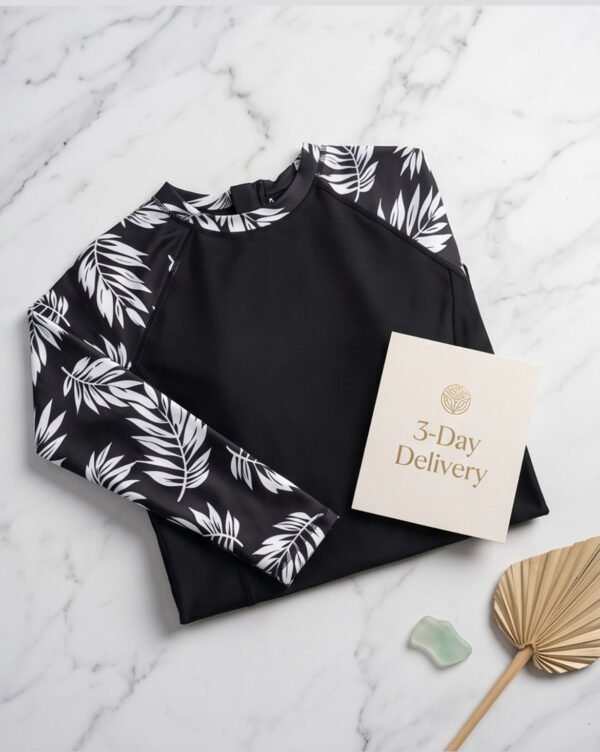 BS-SWM-131_4 Black Long-Sleeve Boyleg Swim Romper with Tropical Print Sleeves