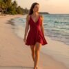 Burgundy Wrap Neckline Fit-and-Flare Swim Dress