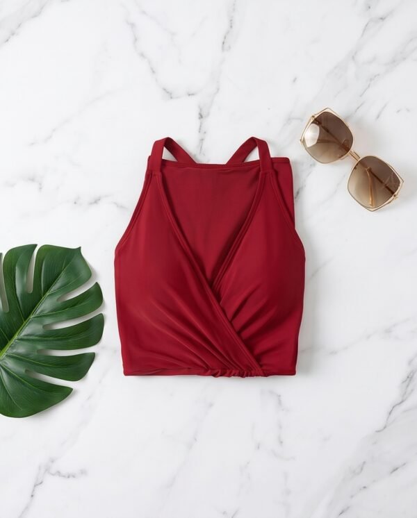 Burgundy Wrap Neckline Fit-and-Flare Swim Dress