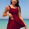 Burgundy Square-Neck Skirted Two-Piece Swim Set