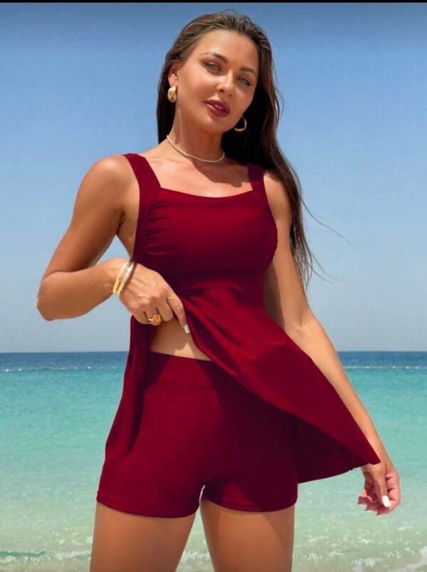 Burgundy Square-Neck Skirted Two-Piece Swim Set
