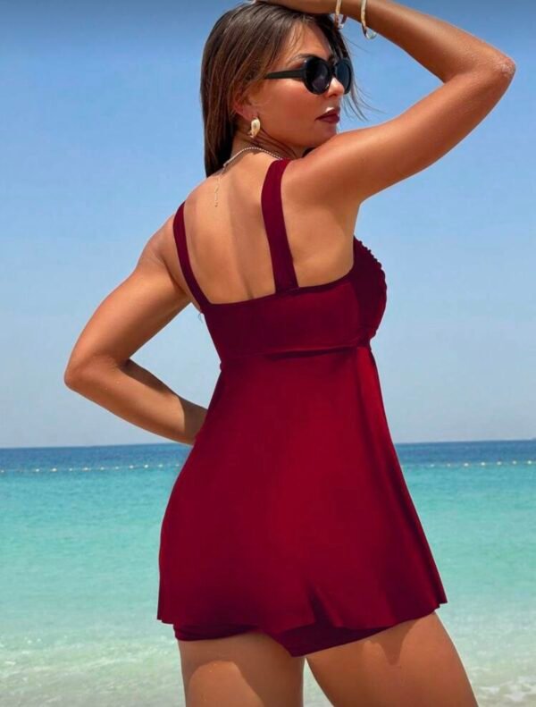 Burgundy Square-Neck Skirted Two-Piece Swim Set