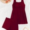 Burgundy Square-Neck Skirted Two-Piece Swim Set