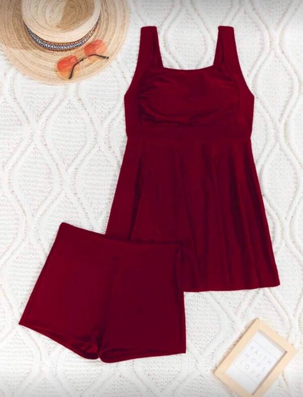 Burgundy Square-Neck Skirted Two-Piece Swim Set