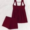 Burgundy Square-Neck Skirted Two-Piece Swim Set