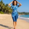 Blue Tropical Print Wrap Tunic Swim Set with Leggings