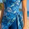 Blue Tropical Print Wrap Tunic Swim Set with Leggings