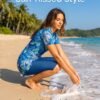 Blue Tropical Print Wrap Tunic Swim Set with Leggings