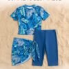 Blue Tropical Print Wrap Tunic Swim Set with Leggings