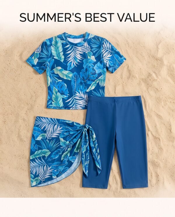 Blue Tropical Print Wrap Tunic Swim Set with Leggings