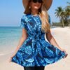 bs-swm-137_1 Blue Tropical Print Peplum Swim Top with Boyleg Shorts