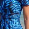BS-SWM-137_2 Blue Tropical Print Peplum Swim Top with Boyleg Shorts