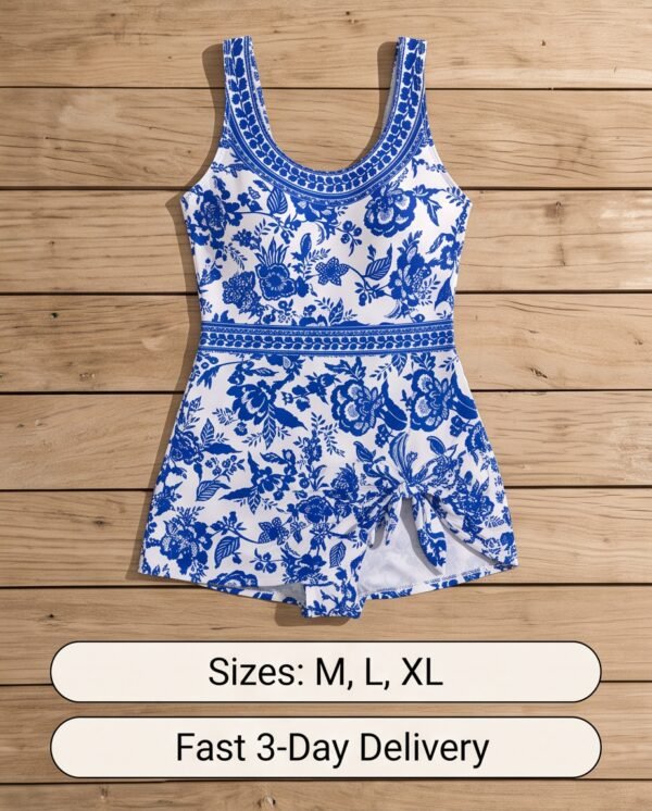 Blue & White Porcelain Print Wrap Skirt Swim Dress