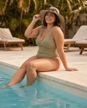BS-SWM-140_3 Primark Olive Ribbed V-Neck One-Piece Swimsuit