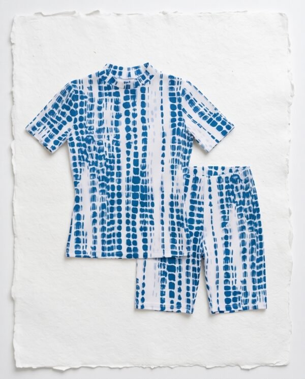 Blue Tie-Dye Print Short-Sleeve Swim Top with Biker Shorts