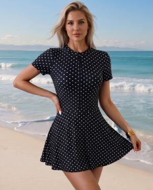 Black Polka Dot Zip-Front Swim Dress
