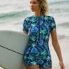 Navy Tropical Print Zip-Front Short-Sleeve Swim Romper